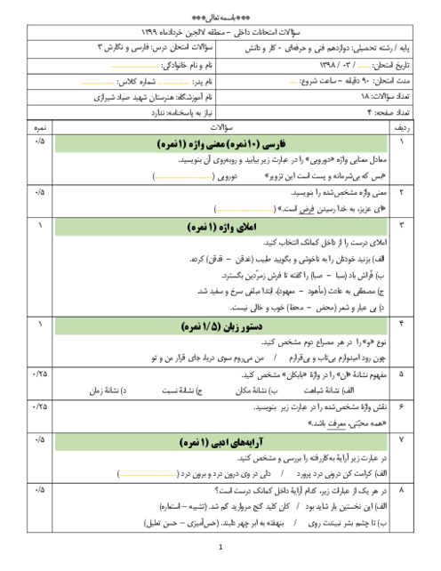 آزمون نوبت دوم فارسی و نگارش (3) دوازدهم هنرستان کاردانش شهید صیاد شیرازی | خرداد 1399