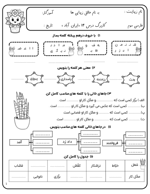 کاربرگ درس 14 ایران آباد | فارسی و نگارش کلاس سوم