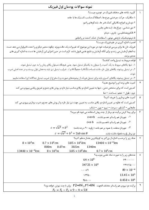 نمونه سوالات امتحانی فیزیک فنی دهم هنرستان | شهریور 1402