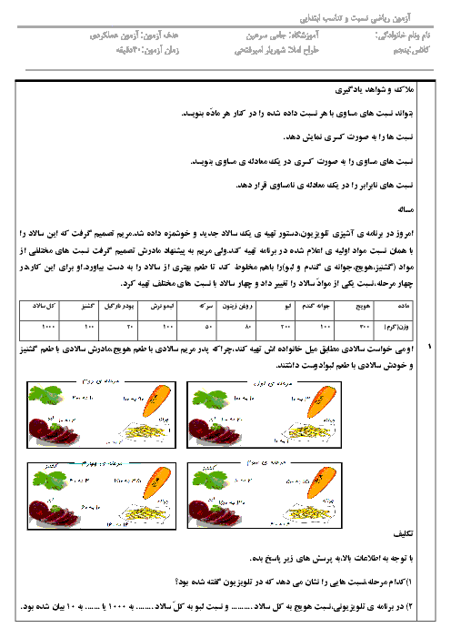 آزمون عملکردی ریاضی پنجم دبستان فرهیخته قزوین | فصل 3: نسبت، تناسب و درصد