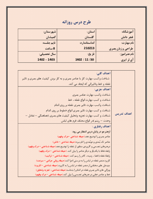 طرح درس روزانه فصل 3: انواع خط و نقطه | درس طراحی و زبان بصری پایه دهم طراحی و دوخت