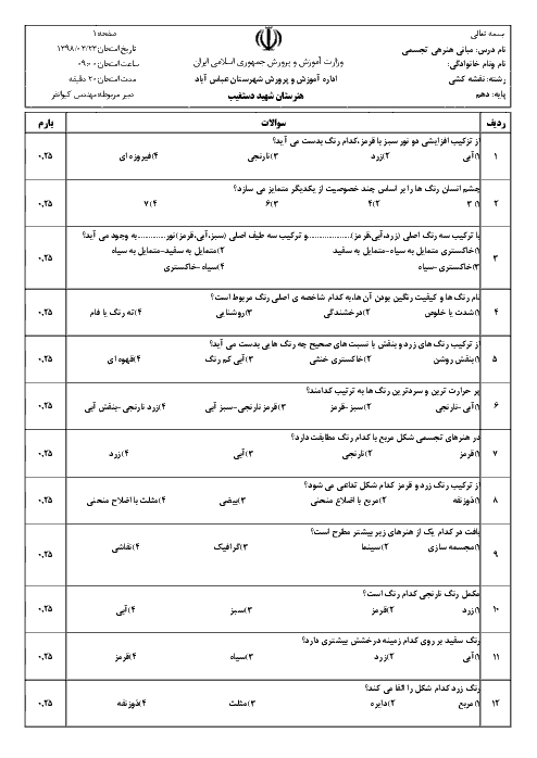 آزمون نوبت دوم مبانی هنرهای تجسمی دهم هنرستان حرفه ای شهید دستغیب | خرداد 1397