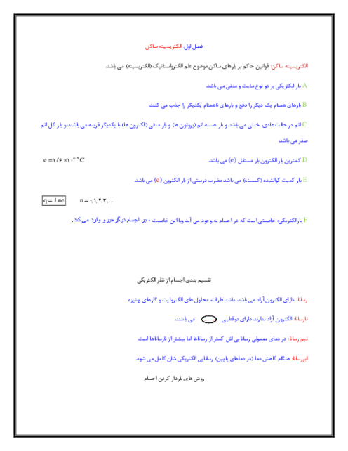 جزوه فصل 1: الکتریسیته ساکن | فیزیک یازدهم رشته ریاضی و فیزیک