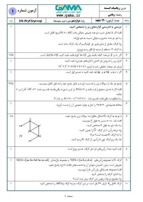 سؤالات امتحان نهایی درس ریاضیات گسسته دوازدهم رشته ریاضی | دی 1397