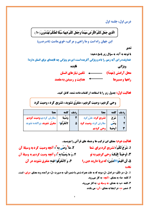 پاسخ کلیه تمرین‌ها و تدبر قرآن پایه‌ی نهم