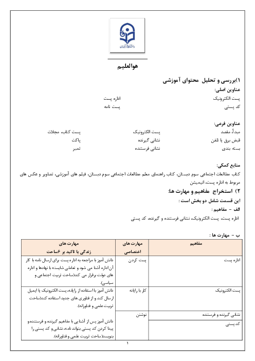 طرح درس 5 گام (5E) مطالعات اجتماعی پایه سوم ابتدایی | درس 22: پست