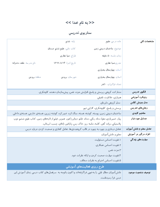 سناریوی تدریس علوم تجربی ششم دبستان شاهد | درس 4: سفر به اعماق زمین