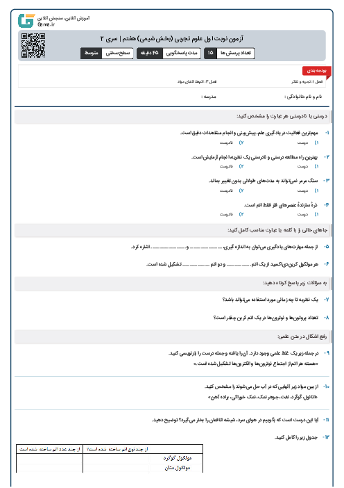 آزمون نوبت اول علوم تجربی (بخش شیمی) هفتم | سری 2