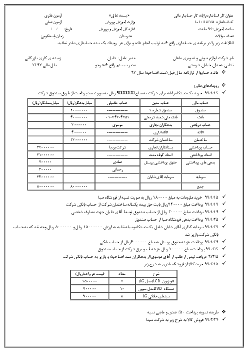 آزمون  عملی نوبت دوم رایانه کار حسابداری مالی با برنامه رافع یا هلو  دهم شاخه کاردانش  | خرداد 1397