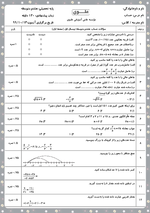 سوالات آزمون نوبت اول ریاضی هشتم مدرسه علوی آریاشهر | دی 1399