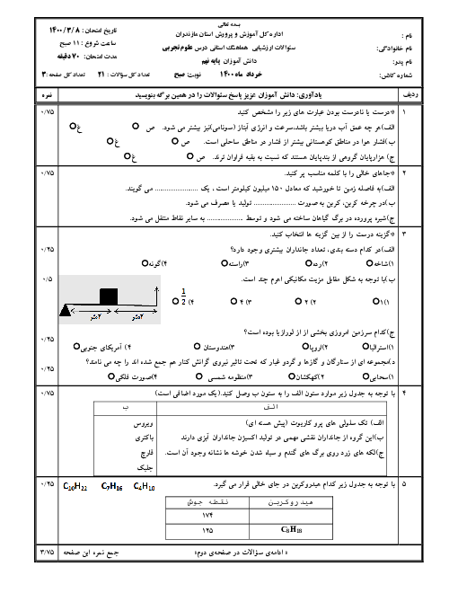 سؤالات امتحان هماهنگ علوم تجربی پایه نهم استان مازندران | خرداد 1400