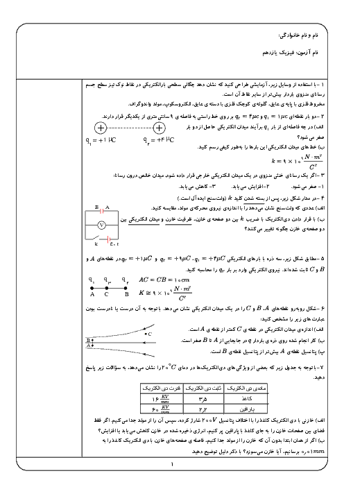 تمرین های تشریحی جمع بندی کتاب فیزیک یازدهم رشته علوم ریاضی