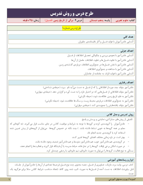 طرح درس و روش تدریس علوم تجربی پنجم | درس 4: برگی از تاریخ زمین (فسیل)