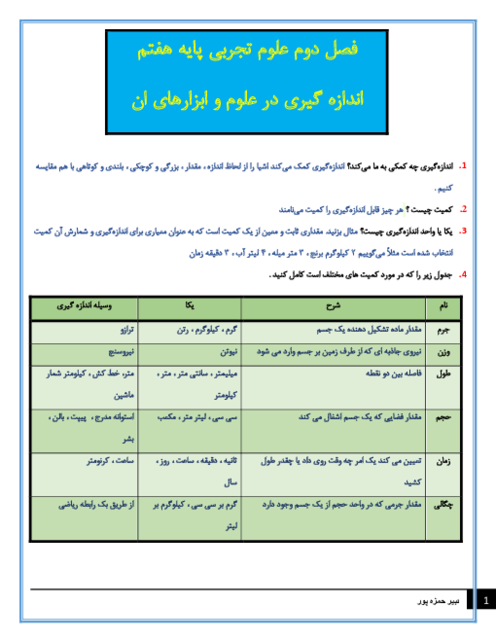 سوالات متن درس علوم تجربی هفتم با جواب | فصل 2: اندازه‌گیری در علوم و ابزارهای آن