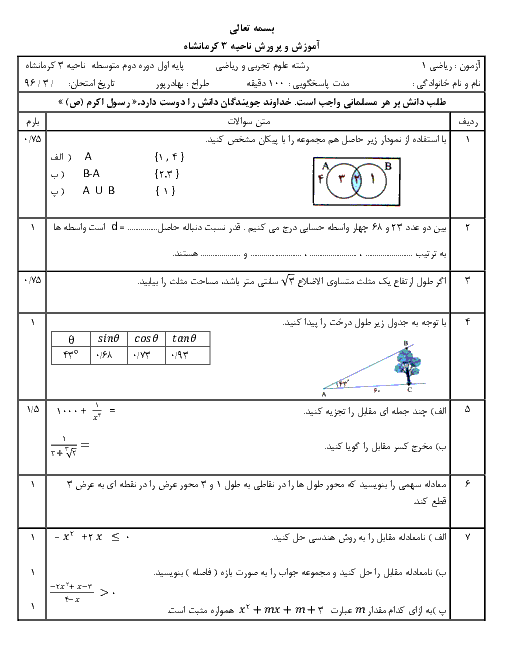 سوالات امتحان پایانی ریاضی (1) پایۀ دهم ناحیۀ 3 کرمانشاه | خرداد 96