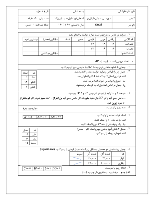 آزمون عملی نرم افزار Excel