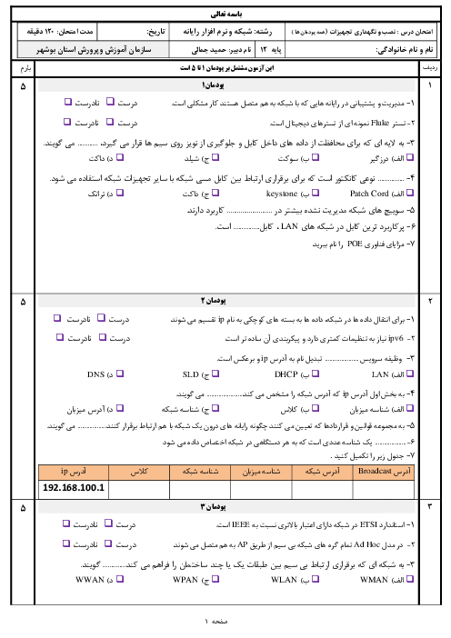 سوالات آزمون ترم دوم نصب و نگهداری تجهیزات شبکه و سخت‌افزار دوازدهم | خرداد 1401 (پودمان 1 تا 5)