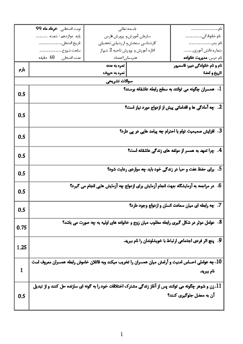 آزمون نوبت دوم مدیریت خانواده و سبک زندگی (پسران) دوازدهم هنرستان کاردانش اعتماد | خرداد 1399