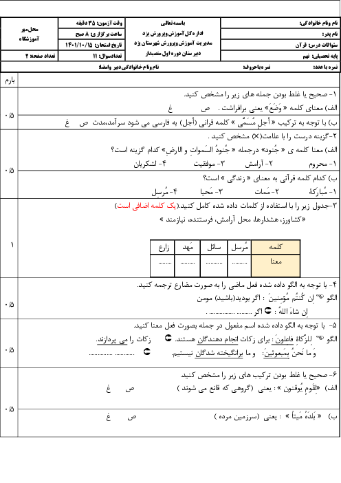 امتحان نوبت اول قران نهم دی 1401 دبیرستان منصبدار