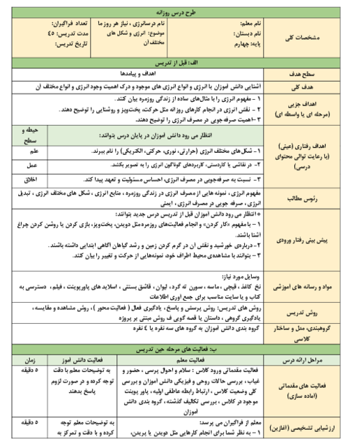 طرح درس روزانه علوم پایه چهارم | درس 3: انرژی نیاز هر روز ما