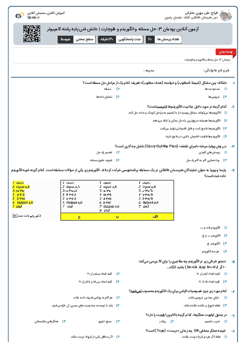 آزمون آنلاین پودمان 3: حل مسئله و الگوریتم و فلوچارت | دانش فنی پایه رشته کامپیوتر