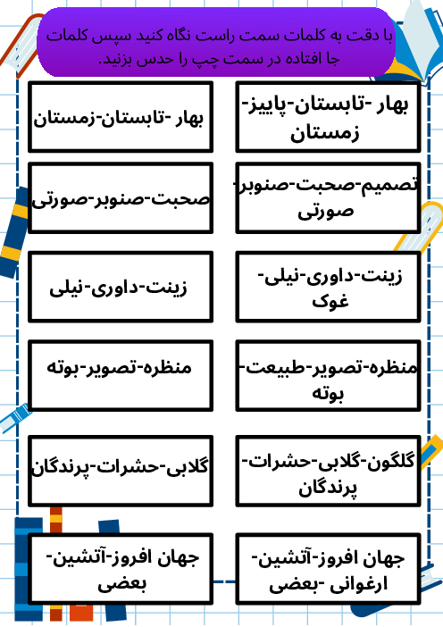 کاربرگ املای تقویت حافظه دیداری پایه چهارم درس اول: آفریدگار زیبایی
