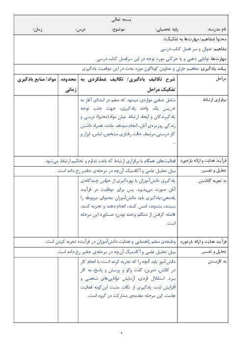 راهنمای نگارش طرح درس بر اساس فرم ج به همراه نمونه