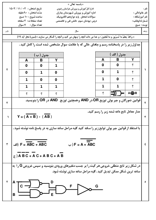 امتحان پودمان سوم: تحلیل مدارهای دیجیتال (واحد یادگیری 5) | درس دانش فنی تخصصی رشته الکترونیک