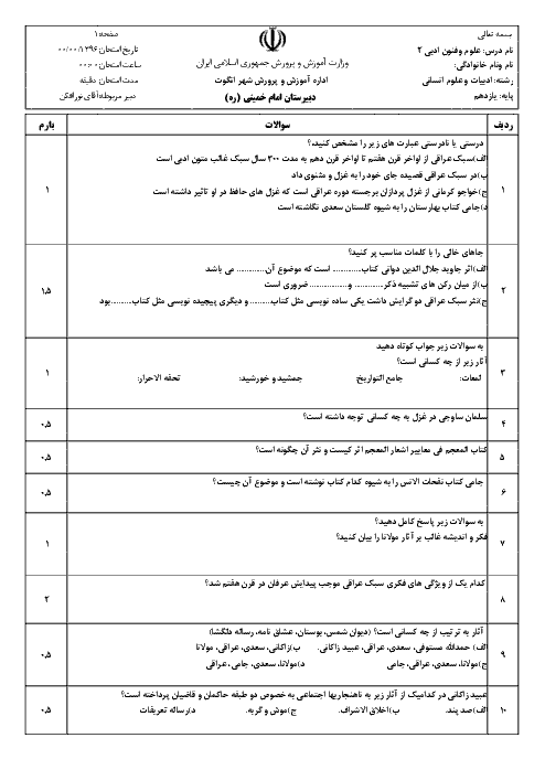 سؤالات امتحان نوبت اول علوم و فنون ادبی (2) پایه یازدهم  دبیرستان امام خمینی |‌ دیماه 96