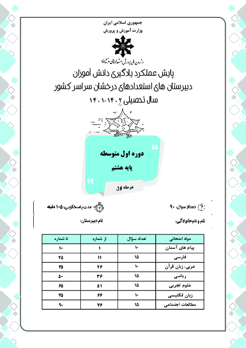 آزمون پایش عملکرد یادگیری دانش آموزان پایه هشتم مدارس سمپاد | بهمن 1401