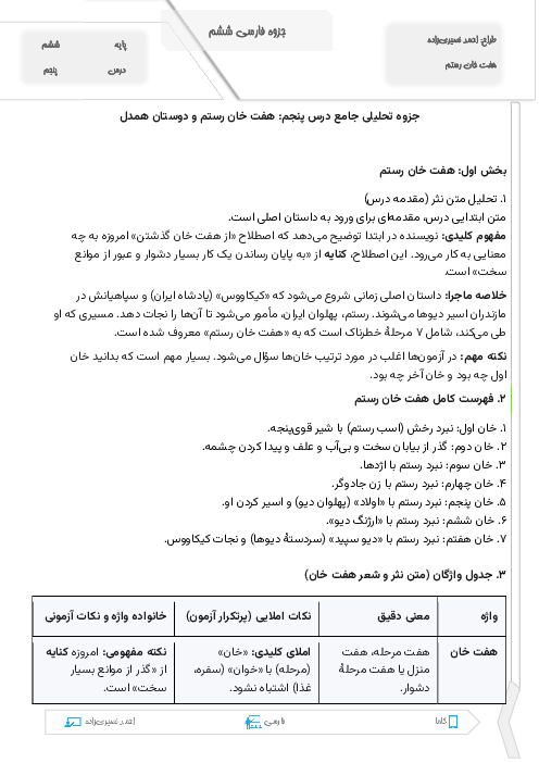 جزوه تحلیلی درس پنجم فارسی ششم (هفت خان رستم و دوستان همدل)