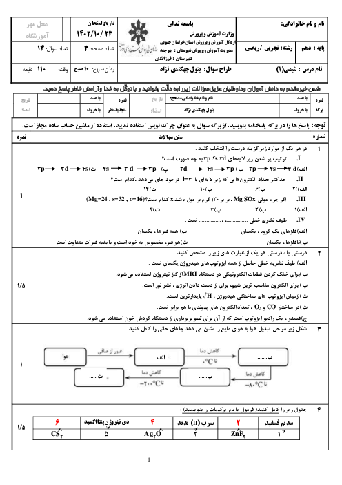آزمون نوبت اول شیمی دهم دبیرستان فرزانگان بیرجند دی 1402 (تا ص. 64 کتاب درسی)