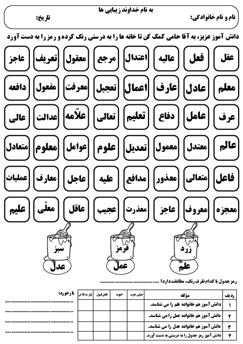 آشنایی با کلمات هم خانواده عمل، علم و عدل