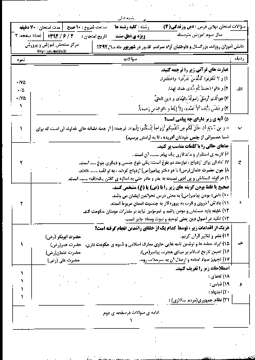 سوالات امتحان نهایی دین و زندگی اهل سنت (3)- شهریور 1392