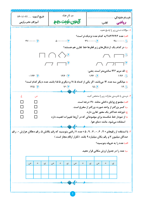 سوالات آزمون نوبت دوم ریاضی پنجم دبستان هدایت | اردیبهشت 1401