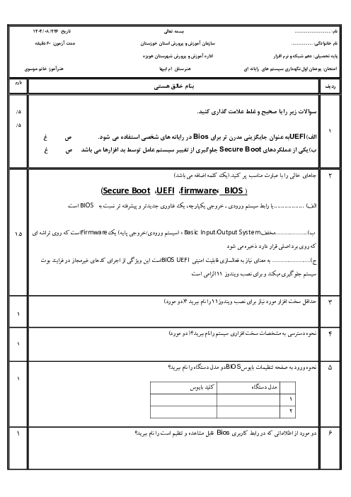 آزمون یادگیری اول پودمان اول کتاب نصب و نگهداری سیستم‌های رایانه‌ای