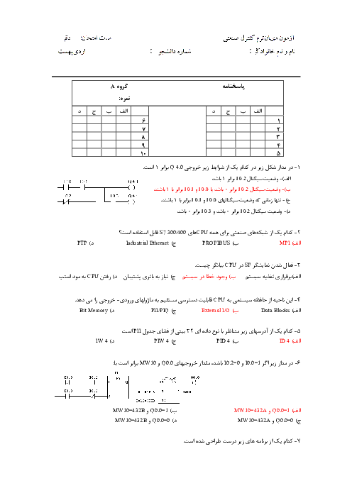 سوالات میان ترم درس کنترل کننده های صنعتی (ترم اول) - 1390