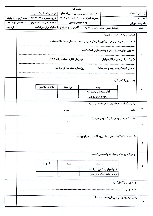 سوالات امتحان هماهنگ انشا نگارش ششم شهرستان کاشان | خرداد 1403