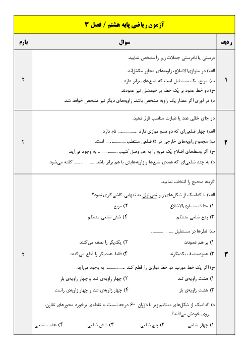 نمونه سوال فصل 3: چندضلعیها | امتحان ریاضی هشتم مدرسه پروفسور رضا