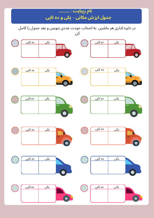 کاربرگ مفهوم جمع و جدول ارزش مکانی