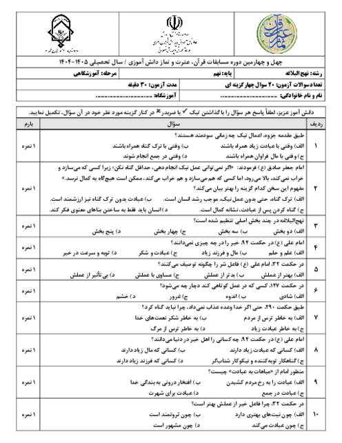 نمونه سوال تستی رشته نهج البلاغه پایه نهم مرحله آموزشگاهی مسابقات قرآن، عترت و نماز