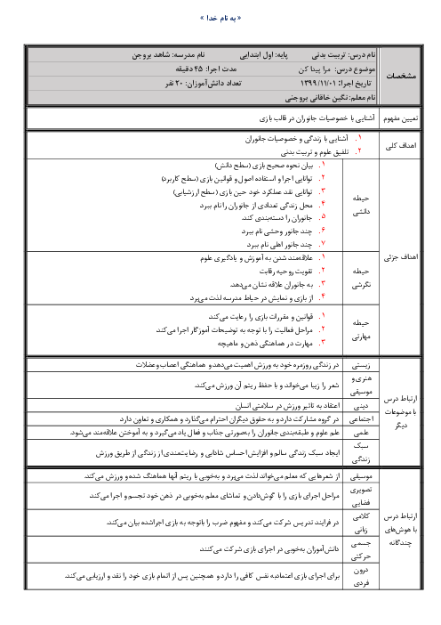 طرح درس روزانه تلفیقی علوم تجربی و تربیت بدنی اول دبستان | درس 4: دنیای جانوران