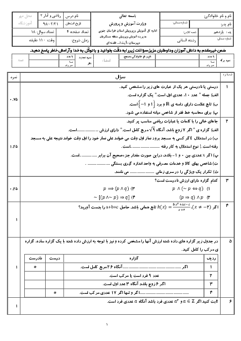 آزمون نوبت دوم ریاضی و آمار (2) یازدهم دبیرستان آیت الله خامنه ای | خرداد 1398