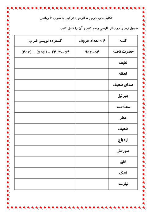 تمرین تلفیقی املای درس 8 فارسی سوم و گسترده نویسی ضرب 6
