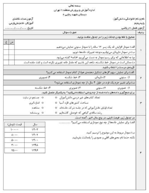 آزمون آمار و احتمال فصل 7 ریاضی پنجم