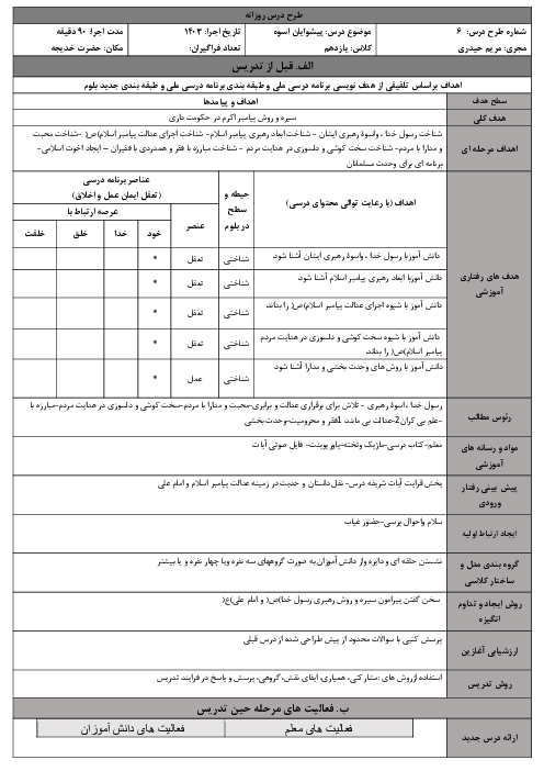 الگوی تدریس درس 6: پیشوای اسوه | دین وزندگی یازدهم انسانی