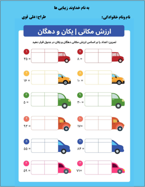 کاربرگ جدول ارزش مکانی ریاضی اول ابتدائی