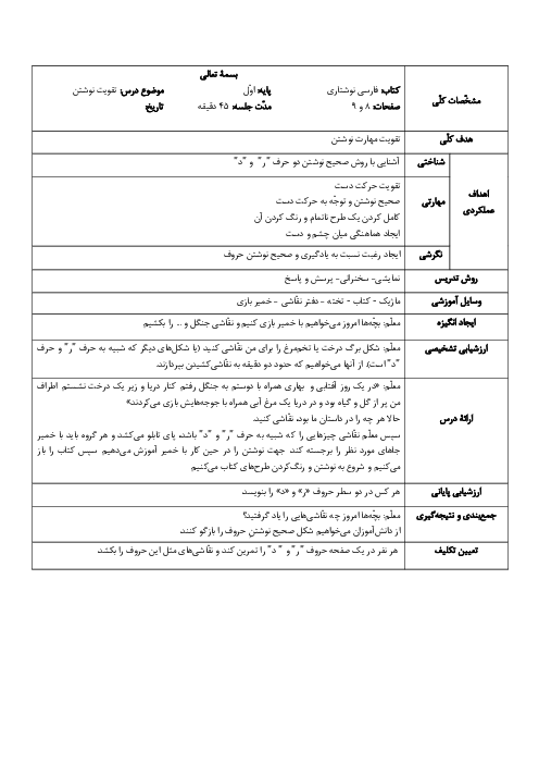 طرح درس فارسی نوشتاری اوّل دبستان (حروف ر و د)
