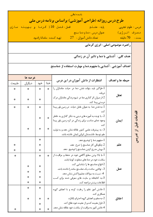 طرح درس ملی علوم تجربی پایه هفتم | فصل 10:  آشنایی با دما و گرما، مهارت استفاده از دماسنج