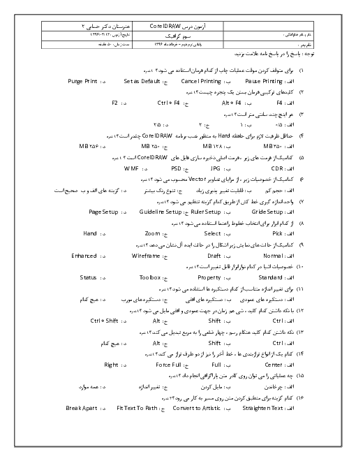 آزمون نوبت دوم گرافیک رایانه‌ای (CorelDRAW) دوازدهم هنرستان کاردانش دکتر حسابی 2 | خرداد 1396